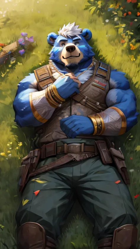 masterpiece, best quality, 8K resolution, Very detailed, hairy, White hair, short hair,On the grass, Blue fur, Bear, White bracelet, gold ring, military uniform, Perfect anatomy, Light Particles,lie on the floor