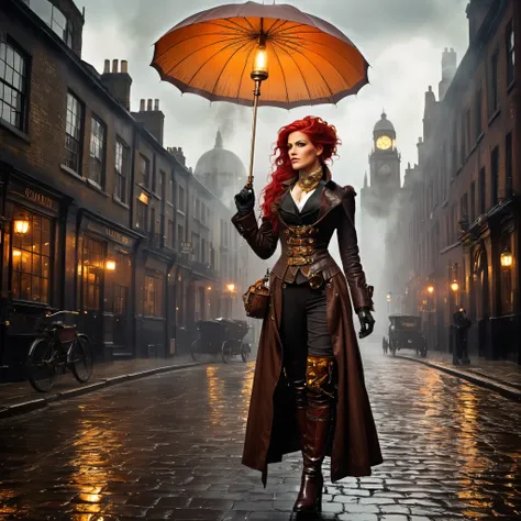 London street in the late 1800s, but with a steampunk twist. Think towering clockwork buildings with smokestacks puffing out steam, gaslight lamps casting an orange glow, and airships gliding silently overhead. Cobblestones slick with rain reflect the gasl...