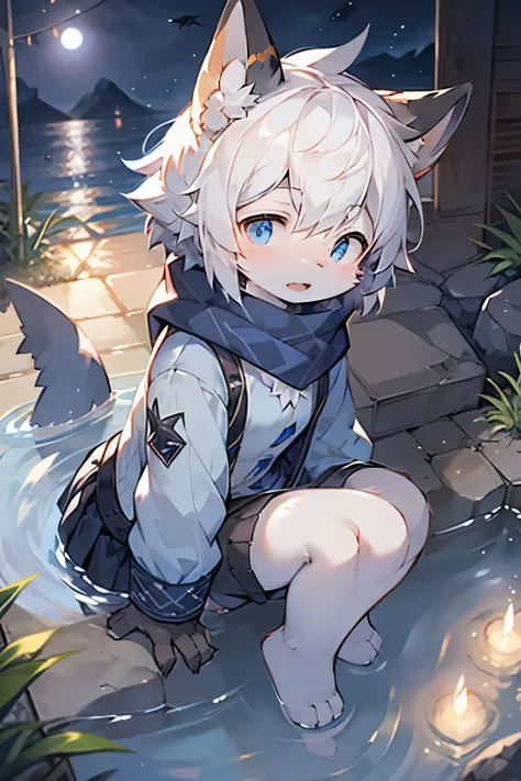 Shark Girl，Furry girls，Baby characteristics，White hair，Dark blue skin，scarf，Short skirt，Ancient prison background