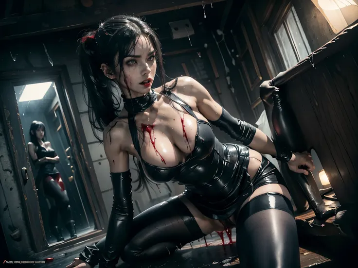 (((red dripping blood))), sexy and perfect tight heart shaped ass, ((female vampire with sharp perfect fangs)), (She is sucking on a mans penis to the hilt), she is biting into a mans penis with her sharp fangs, intense, super slutty, (skintight slutty and...