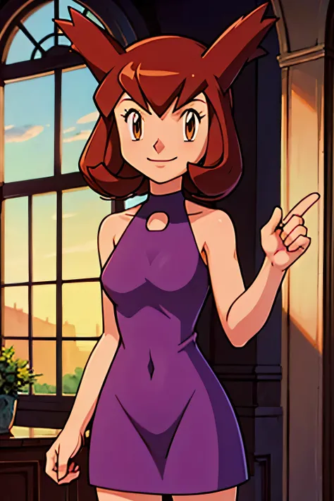 1 girl, solo, Pokemon Heroes (Bianca), Brown Hair, brown eyes, bare shoulders, black cut out halterneck dress, smile, ballroom, cowboy shot, facing viewer, absurdres, ultra detailed, masterpiece, best quality, Teenager, pokemovies, window of a purple sundo...