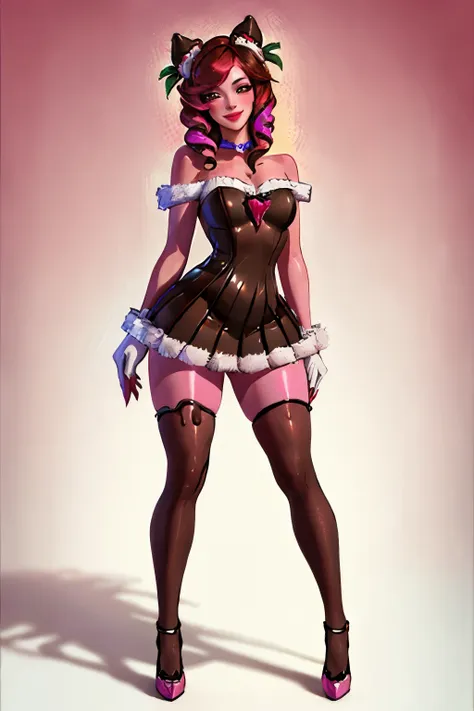 sugar rush evelynn,1 girl, provocative smile, strapless dress, mitts, chocolate no corpo, chocolate legs high thighs, strawberry...