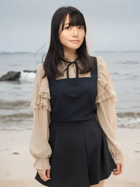 Highest quality,Super detailed,A woman looking at the camera on the beach at Enoshima,Turn slightly to the side and look at me,Ruffled long sleeve blouse,Flared mini skirt,Posing for a photo,She is carrying a cute beige backpack.