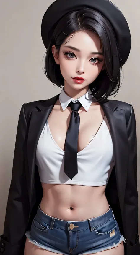 Amazing portrait of a sexy woman with a beautiful face with lots of makeup with smokey eyeliner showcasing her seductive eyes and red lips parted seductively having short black hair in bob style styled with a black Fedora wearing a unbuttoned white shirt t...