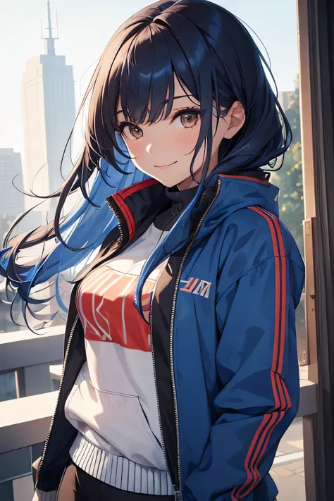 Masterpiece, best quality, 1girl, Russian ethnicity, brown eyes, Russian spy, blue, hair, long hair, blue hair, solo, sporty attire, jacket, blue jacket, blue outfit, open clothing, smile, closed mouth, flowing hair, flowing down more one side