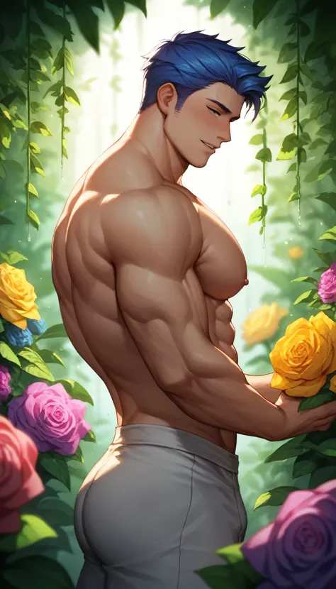 best quality, masterpiece, extremely detailed, sexy, homoerotic, extremely attractive man, muscular bodybuilder, massive shoulders, long middle parting hair, self molesting, dripping cum, cumstrings, in lush greenhouse, colorful flowers, side view, extreme...