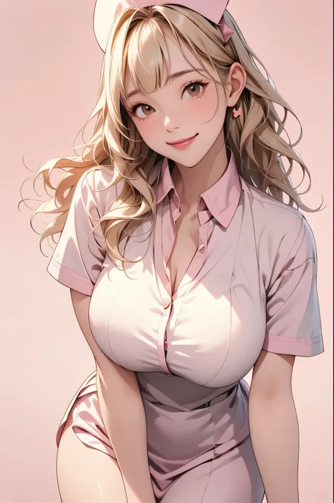 high resolution,smile,happy,light smile,woman,woman1人,adult,Clear,cute, blunt bangs,Blonde Hair,BREAK, Brown eyes,BREAK,wavy hair,long hair,BREAK, ((looking at viewer)), Nurse uniform,Nurse cap,BREAK,Facing forward,BREAK,Pink background,