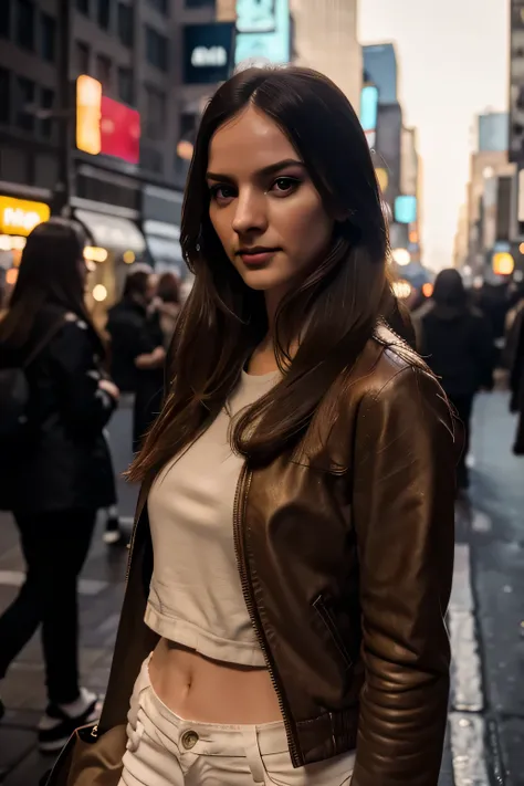 VictoriaPfifer, 27 years old, pale skin, fit body, cinematic photo, long hair, solo, looking at viewer, MakeUp, A stunning intricate full color portrait of a beautiful woman wearing a red suede jacket with skinny jeans,on a crowded street in New York durin...