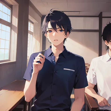 (looking away:1.5),upper body、
shiny skin, masterpiece、Highest quality、
(25-year-old male:1.5) and (Black short hair) and (blue eyes), 
(navy collared shirt) 
Serious,Are standing、The background is the classroom、(alone:1.5)