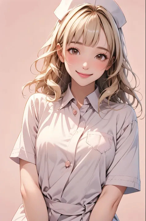 high resolution,smile,happy,light smile,woman,woman1人,adult,Clear,cute,Small breasts,BREAK,blunt bangs,Blonde Hair,BREAK, Brown eyes,BREAK,wavy hair,long hair,BREAK, ((looking at viewer)), Nurse uniform,Nurse cap,BREAK,Facing forward,BREAK,Pink background,