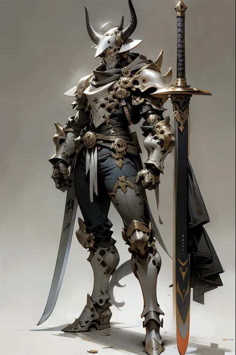 A helmet with a cow skull design,metal armor,Muscular々,One Man,Warrior,Combat Ready,Hoof Boots,A large sword taller than one&#39;s own height