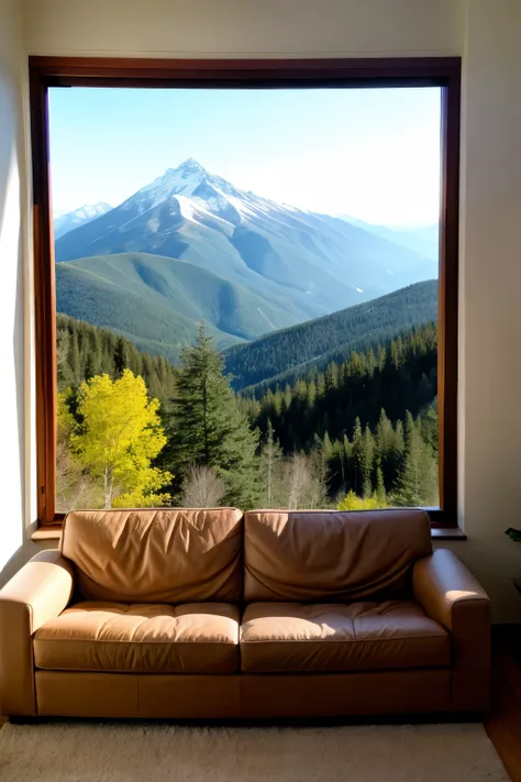 mountain landscape, window, room, sofa