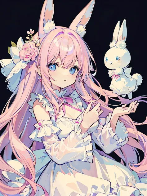 very light pink hair、A dress with lots of frills、Pale pastel pop illustration、Fantasy、high quality、Written boundary depth、Simple Background、One Girl、Transparent watercolor、Transparency、Cute fluffy rabbit earrings、Big fluffy bunny ears、Pink ribbon dress、Pin...