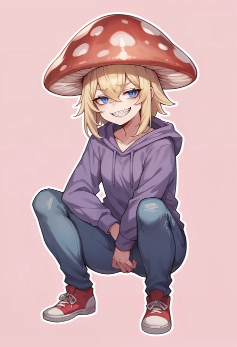 1 girl, solo,pink background, blonde hair, crossed bangs, blue eyes, tired, anime artstyle, white outline, large red mushroom on head, mushroom girl, purple hoodie, hand in pockest,sharp teeth,smirk, slight grin,simple background,squatting,destressed jeans