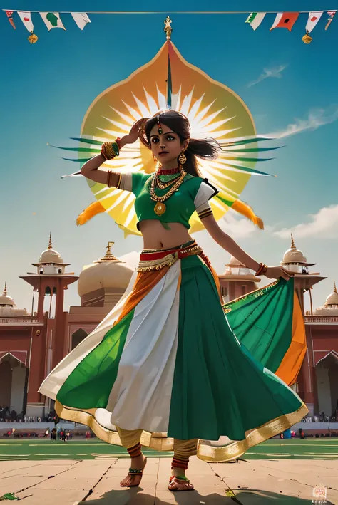 Create a vibrant and dynamic animation image capturing the essence of Republic Day celebration in India. The backdrop features the iconic tricolor Indian flag, while a spirited Rajputni girl, adorned in traditional attire, stands confidently with a sword i...