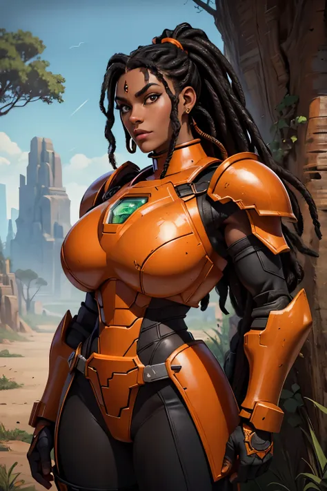 Portrait of  African woman with (short black dreadlocks), black hair pulled back, wearing a (heavy orange mechanical armor, power armor covering her chest and arms, orange breast plate) with large (round orange shoulder pads). a dark green undersuit visibl...