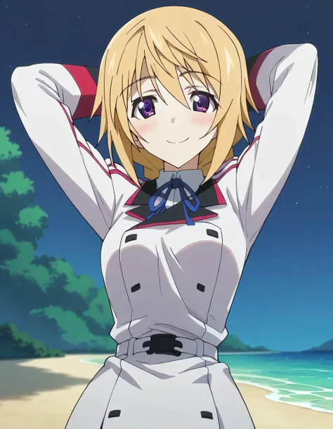 charl, def, uniform, high quality, 1girl, smile, solo, night sky, beach, arms behind head, (contrapposto), spread armpits, closed mouth,, looking at viewer, cowboy shot, blushing,