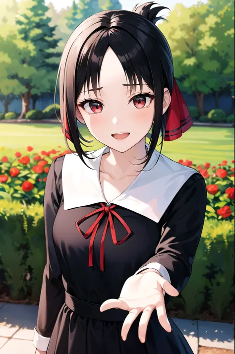 masterpiece, best quality, high resolution, your, short hair, ponytail, headband, partedbangs, neck strap, red belt, black skirt...