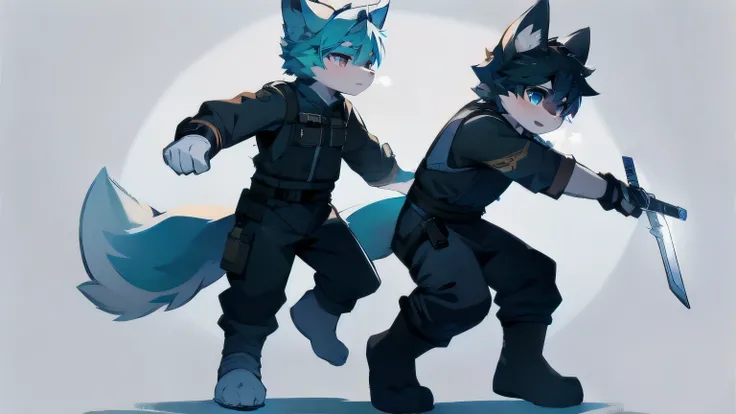 หมาป่าสีlegว,hairสีดำ,conjunctivitis,wolf ears,wolf tail,Juvenile,man,hairy,hair,half body armor,Combat Suit,Silver and black clothes,handsome,handsome,กางเกงlegสั้น,The forearm was exposed.,leg,fighting posture,Duel,Two people,worry,มีswordเป็นอาวุธ,simpl...