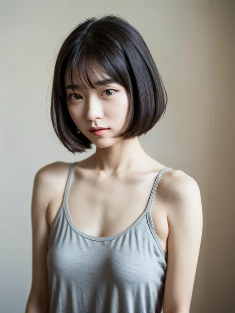 A realistic photo of a beautiful young Japanese woman with a short bob haircut and soft bangs framing her face. She has a delicate and smooth complexion, with expressive eyes and slightly parted lips. She is wearing a loose-fitting grey tank top that accen...