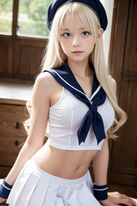 A German girl with a sexy innocent face and wavy long platinum blonde hair, a sailor uniform with a ripped navel, 12 years old, big eyes, blindfolded