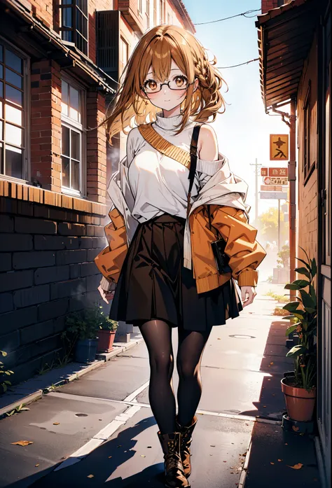 a sun ayuuki, a sun a yuuki, Brown Hair, (Brown eyes:1.8),smile,blush,Long braids,Black-rimmed glasses,Red one-shoulder sweater,Long skirt,Black pantyhose,short boots,Daytime,Clear skies,Walking,whole bodyがイラストに入るように,
break outdoors, Building district,
bre...