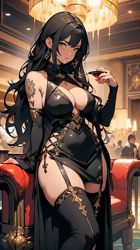 Black-haired dark elf、(Sunburned skin)、(Female Mafia、Female Gangster)、(Huge breasts)、(Black bodycon dress mini skirt:1.5)、(slit)、Gold string panties、Camel toe、(Revealing outfit)、(Fantasy decoration)、(Wide Hips、Thick thighs、glamorous、curve、Are fat)、(Black g...