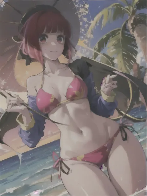 Arima etc., Redhead, Red eyes, Beautiful Eyes, Yellow Bikini, salon, Wet Skin, Wet swimsuit, Ocean, sunset,