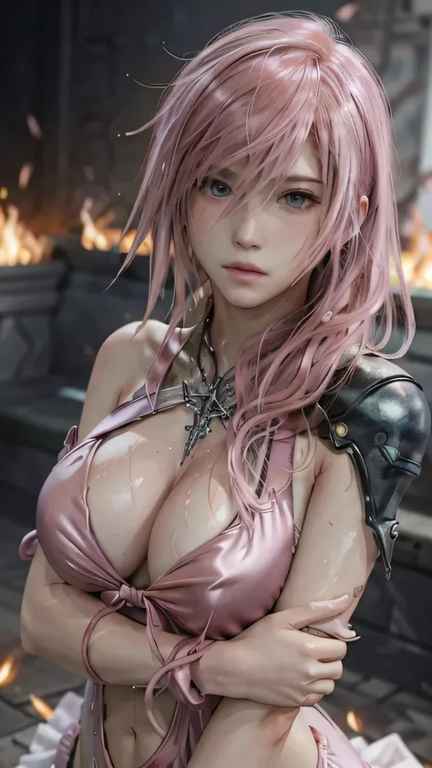 (masterpiece, Highest quality:1.3)
Lightning FF13, 1 girl, alone, Long Hair, Pink Hair、Burned by flames、A sea of fire all around、Sweat all over the body、Sweat in the body、View your viewers、My hair is messy、Pink swimsuit、Pink Bikini、