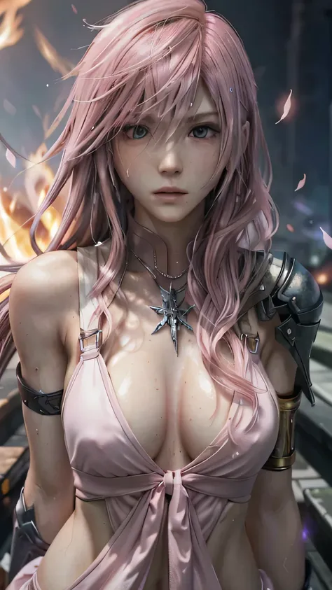 (masterpiece, Highest quality:1.3)
Lightning FF13, 1 girl, alone, Long Hair, Pink Hair、Burned by flames、A sea of fire all around、Sweat all over the body、Sweat in the body、View your viewers、My hair is messy、Pink swimsuit、Pink Bikini、Back view