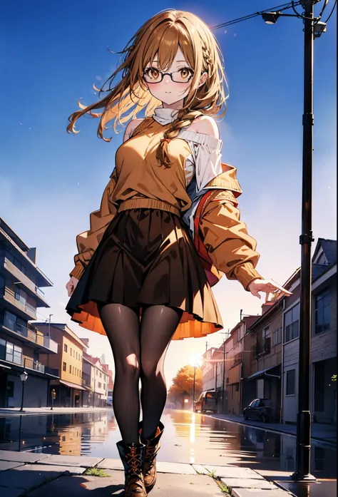 a sun ayuuki, a sun a yuuki, Brown Hair, (Brown eyes:1.8),smile,blush,Long braids,Black-rimmed glasses,Red one-shoulder sweater,Long skirt,Black pantyhose,short boots,Daytime,Clear skies,Walking,whole bodyがイラストに入るように,
break outdoors, Building district,
bre...