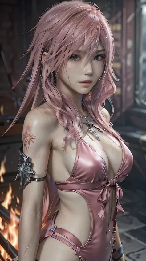 (masterpiece, Highest quality:1.3)
Lightning FF13, 1 girl, alone, Long Hair, Pink Hair、Burned by flames、A sea of fire all around、Sweat all over the body、Sweat in the body、View your viewers、My hair is messy、Pink swimsuit、Pink Bikini、Back view、smile