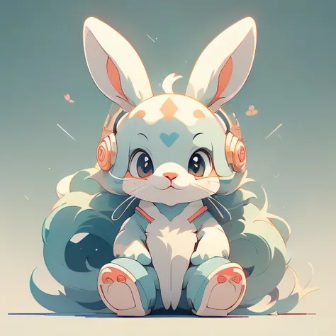 Cartoon animal design, flat style cute rabbit full body photo, simple but not lost sense of design, fresh flat style, cyberpunk elements are applied freely, the front view presents a charming cute posture, and the feet hang down in a cute posture