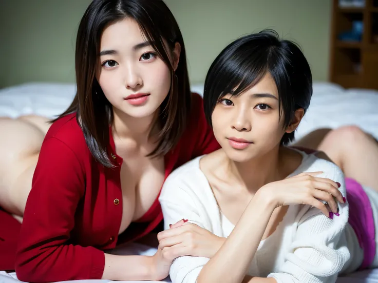 Best-quality, Masterpiece, Ultra-High-Resolution, (Photorealistic:1.4), Raw-Photo, 1girl and 1woman, 1girl is the most famous Japanese idol and 15-years-old, 1woman is the most famous Japanese actress and 30-years-old, ((both having lesbian-sex):1.5)