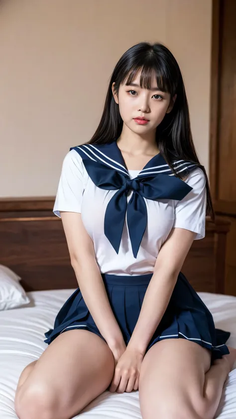 ((8k、High resolution、Highest quality、High resolution)))alone、Natural body shape、White skin、Natural Makeup、((Black Hair、bangs、Straight Long Hair))、((japanese sailor suit))(school uniform 、Sailor suit、Navy blue pleated skirt、red school ribbon)、、(Big Breasts:...