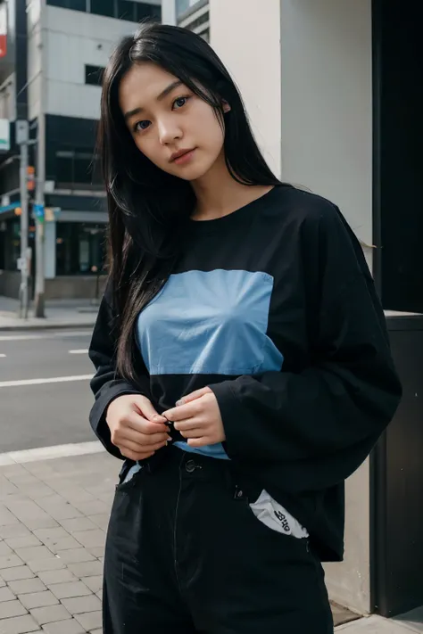 A 21 years old cute Japanese girl who has long black hair, wear blue color t-shirt & black color pant, her hands inside the pocket. image should look like realistic. ignore all abnormal things. every body part should be natural