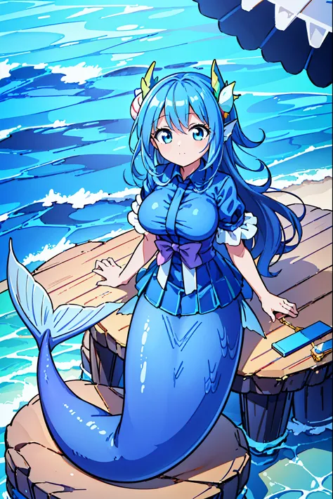 masterpiece, best quality,(full fingers),a woman,solo,mermaid,large breasts,head fin,blue shirt,blue skirt,藍色的mermaid尾巴,full-bod...