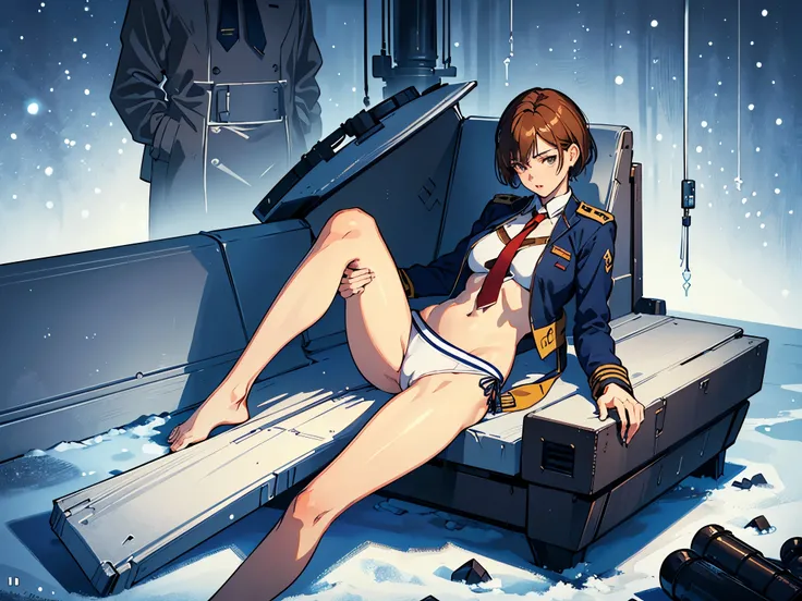 masterpiece,(Perfect Anatomy:1.5), highest quality, 1 lady , slender, leggy, Seductive, short hair, brown hair, (wear a white long sleeved shirt, tie, navy officer winter jacket:1.5), white bikini panties , barefoot, Perfect hands, Perfect body, reclining,...