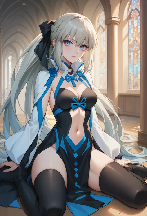 score_9, score_8_up, score_7_up, 1girl, solo, long hair, grey hair, blue eyes, very long hair, ponytail, black ribbon, hair ribbon, french braid, short dress, detached sleeves, cleavage, clothing cutout, detached collar, pelvic curtain, black boots, thigh-...