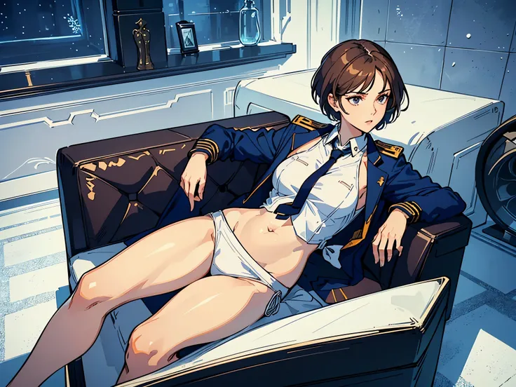 masterpiece,(Perfect Anatomy:1.5), highest quality, 1 lady , slender, leggy, Seductive, short hair, brown hair, (wear a white long sleeved shirt, tie, navy officer winter jacket:1.5), white bikini panties , barefoot, Perfect hands, Perfect body, reclining,...