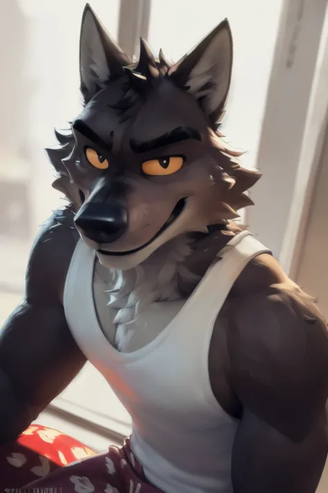 (((  mr wolf bad guys)),wearing boxers, wearing tank top, (by homogenousrule, by wildering, by foxovh, by catcouch), 4k,(by tote...