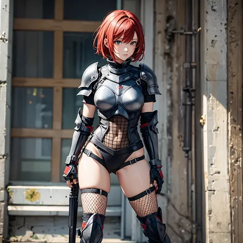 1 woman in her 20s,Red Short Hair,Female Knight,Tainted Armor,pocket,Elbow pads,Knee pads,Fishnet tights,Knee-high boots