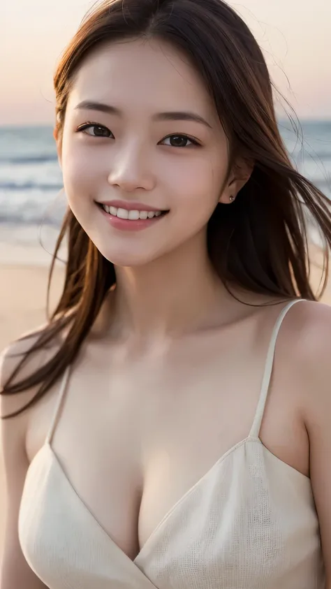 (RAW Photos, Highest quality), (Realistic, Photorealistic:1.3), masterpiece, Very delicate and beautiful, Soft Light, Beautiful detailed girl, 1 girl, Japanese, Pure beauty, smile, Beach, sexy