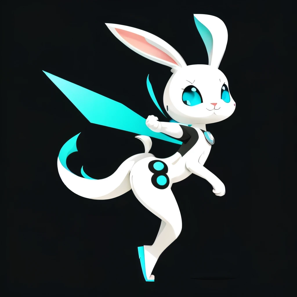 Cartoon animal design, flat style cute rabbit full body photo, simple but not lost sense of design, fresh flat style, cyberpunk elements are applied freely, the front view presents a charming cute posture, and the feet hang down in a cute posture