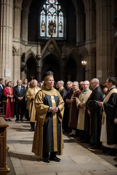 The coronation ceremony of Henry I at Westminster Abbey.Elements to Include:Henry I: Standing at the altar, wearing the crown and royal robes.Clergy: Bishops and priests in liturgical vestments.Crowd: Nobles and guests in formal attire.