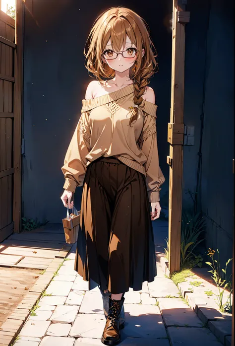 a sun ayuuki, a sun a yuuki, Brown Hair, (Brown eyes:1.8),smile,blush,Long braids,Black-rimmed glasses,Red one-shoulder sweater,Long skirt,Black pantyhose,short boots,Daytime,Clear skies,Walking,whole bodyがイラストに入るように,
break outdoors, Building district,
bre...