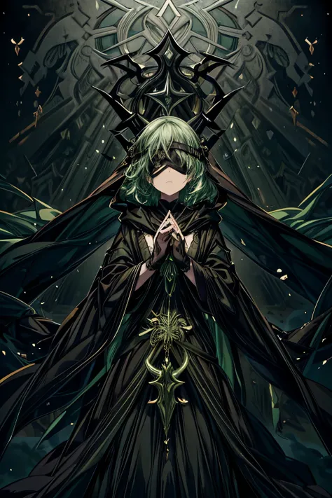 1girl, (masterpiece, best quality), (anime), (adult), intricate details, green hair, black blindfold, black veil, black robes, dramatic lighting, ethereal atmosphere, delicate features, flawless skin, flowing robes, mysterious expression, dark fantasy, cin...