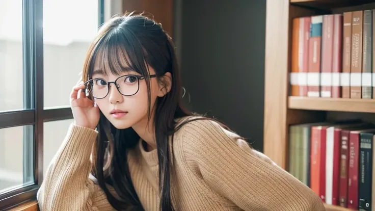 Produce the highest quality and highest resolution 8K images。Please draw a 20-year-old Japanese woman studying in a library.。She has brown eyes and wears glasses。Model-worthy style、She has an idol-level cute face.。The hair is long。The skin is、It is a natur...