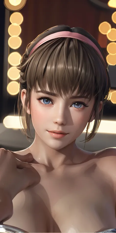 ultra-realistic 8k cg, perfection, masterpiece, alone, one girl , eyes, casino, naked, bobcut