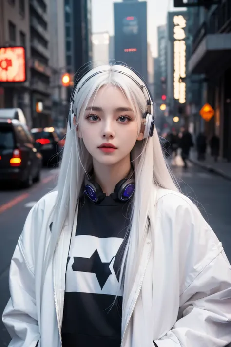 1 Girl, White hair, Long hair, A masterpiece of technical clothing, best quality, Practical, realism, Dark purple jacket, portrait, Delicate eyes, Put on your headphones, Platinum Hair, 21 year old girl, Fashion pose, Half Body, Wide-angle shooting, on the...